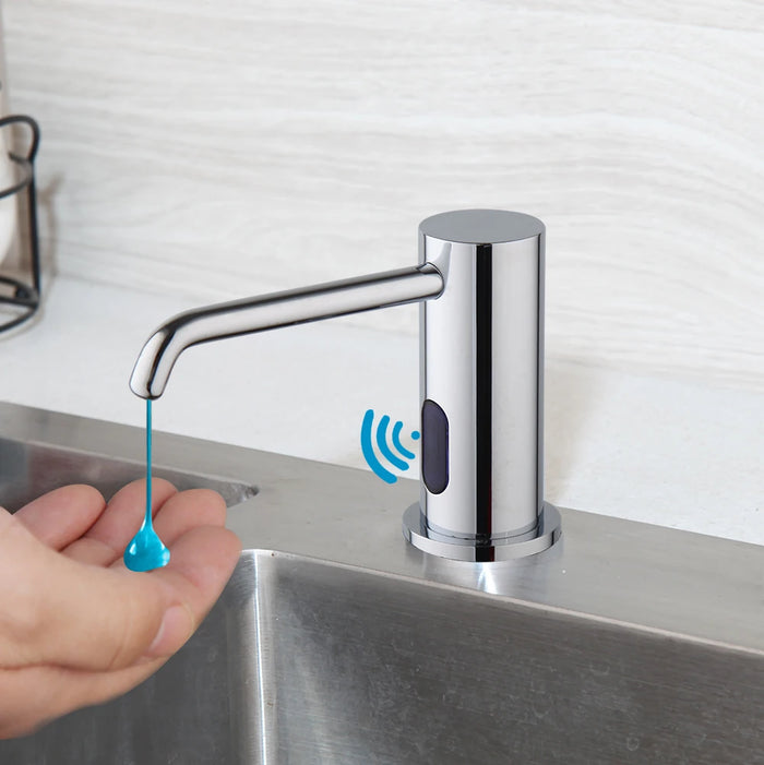 distributeur savon liquide automatique chrome moderne cuisine désinfectant sans contact sensoriel minimaliste