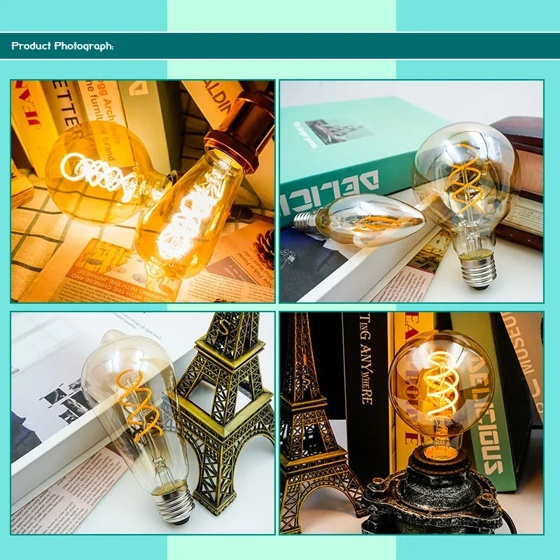 ampoule led filament spiralée vintage or e14 4w 220v g125 g95 t225 a60