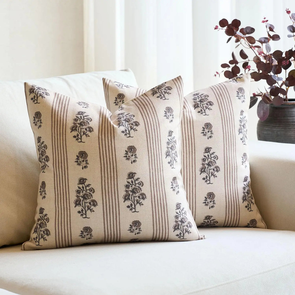 lot housses coussin lin beige motif floral rayures vintage