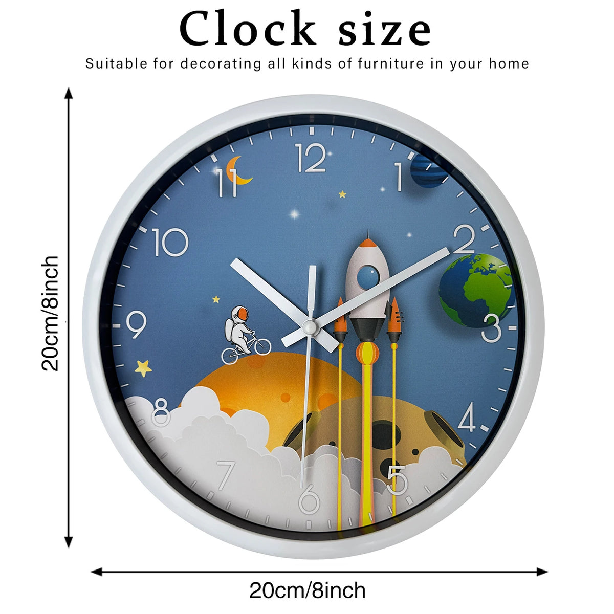 horloge murale thème spatial astronaute fusée planètes aiguilles quartz bleu orange moderne enfants chambre