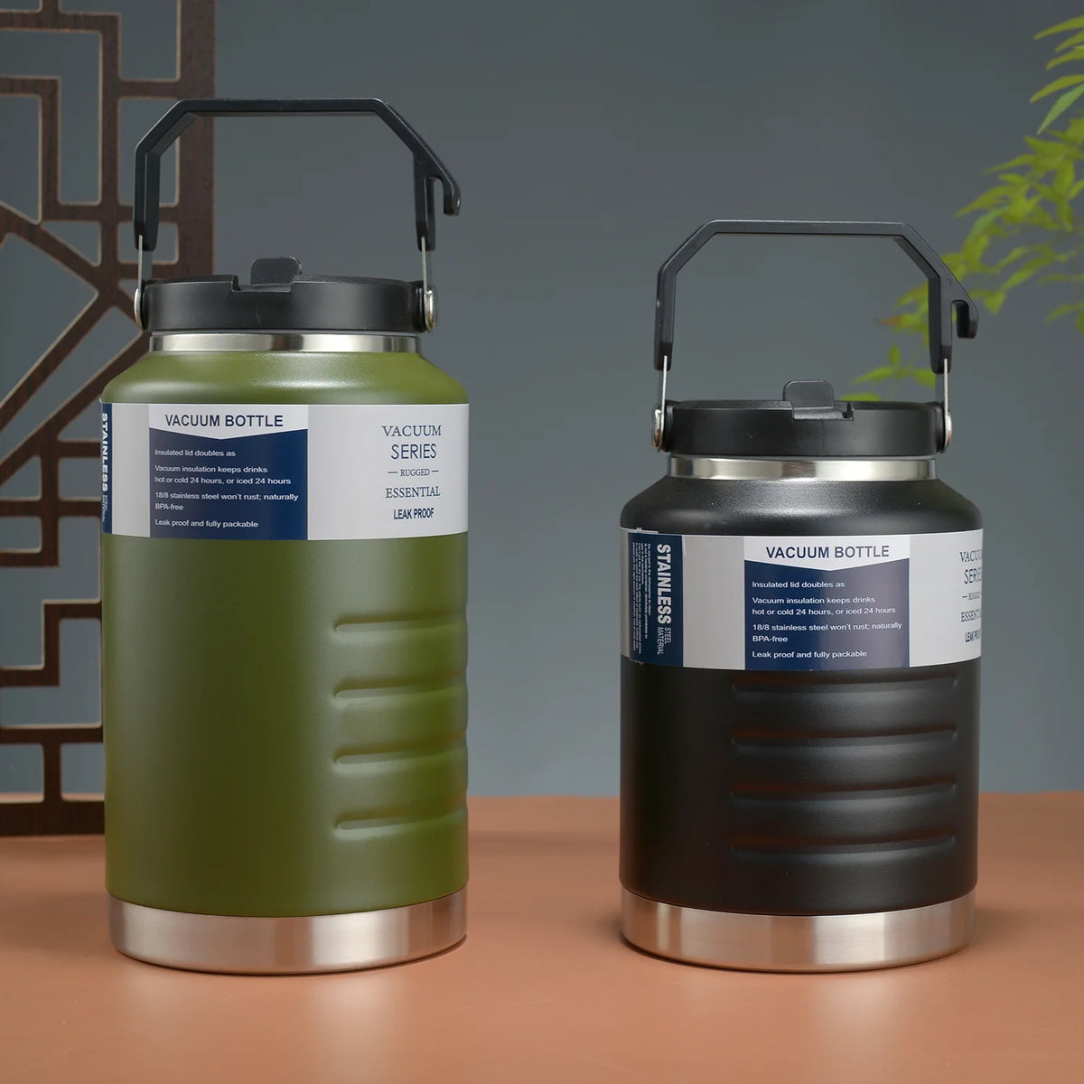 thermos bouteille 1500ml 2000ml acier inoxydable rayures horizontales poignée couvercle moderne vert olive noir