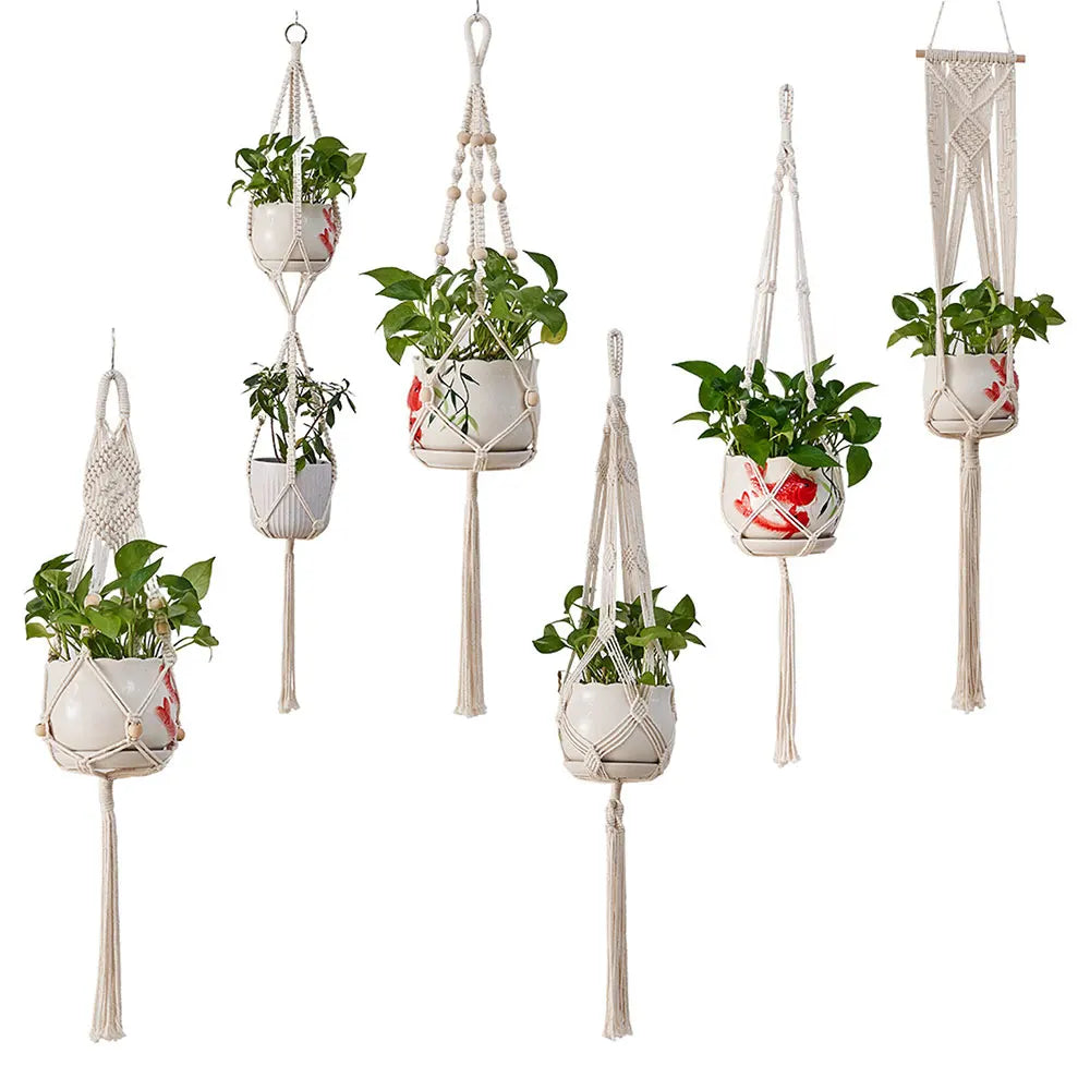 support plante suspendue macramé bois boho artisanal anneaux métalliques pot fleurs plante verte blanc