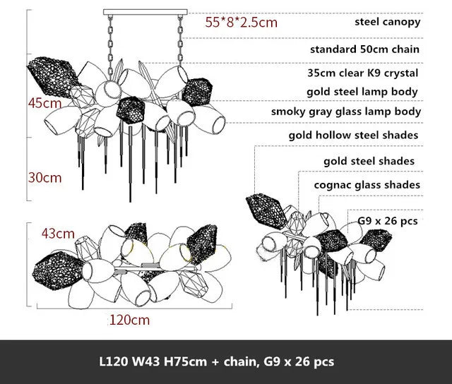 Suspension lumineuse moderne dorée transparente nid d'abeille 90 260V 2000 82000 lumens