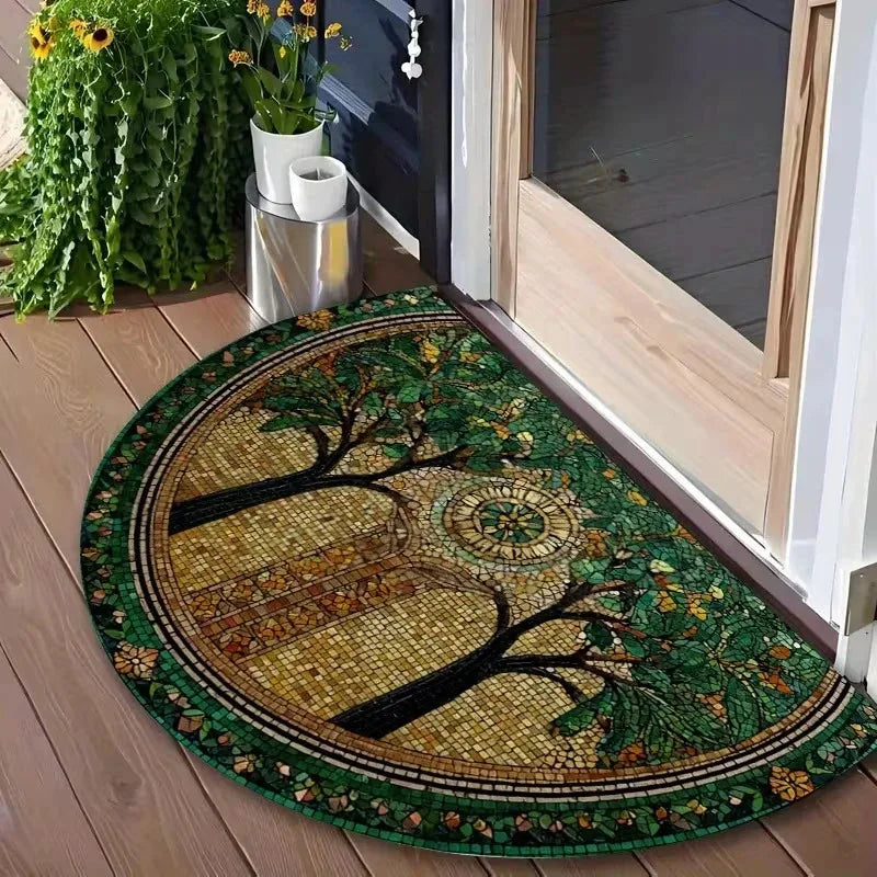 tapis d'entrée arbre stylisé vert doré noir moderne résistant décoration intérieure extérieur