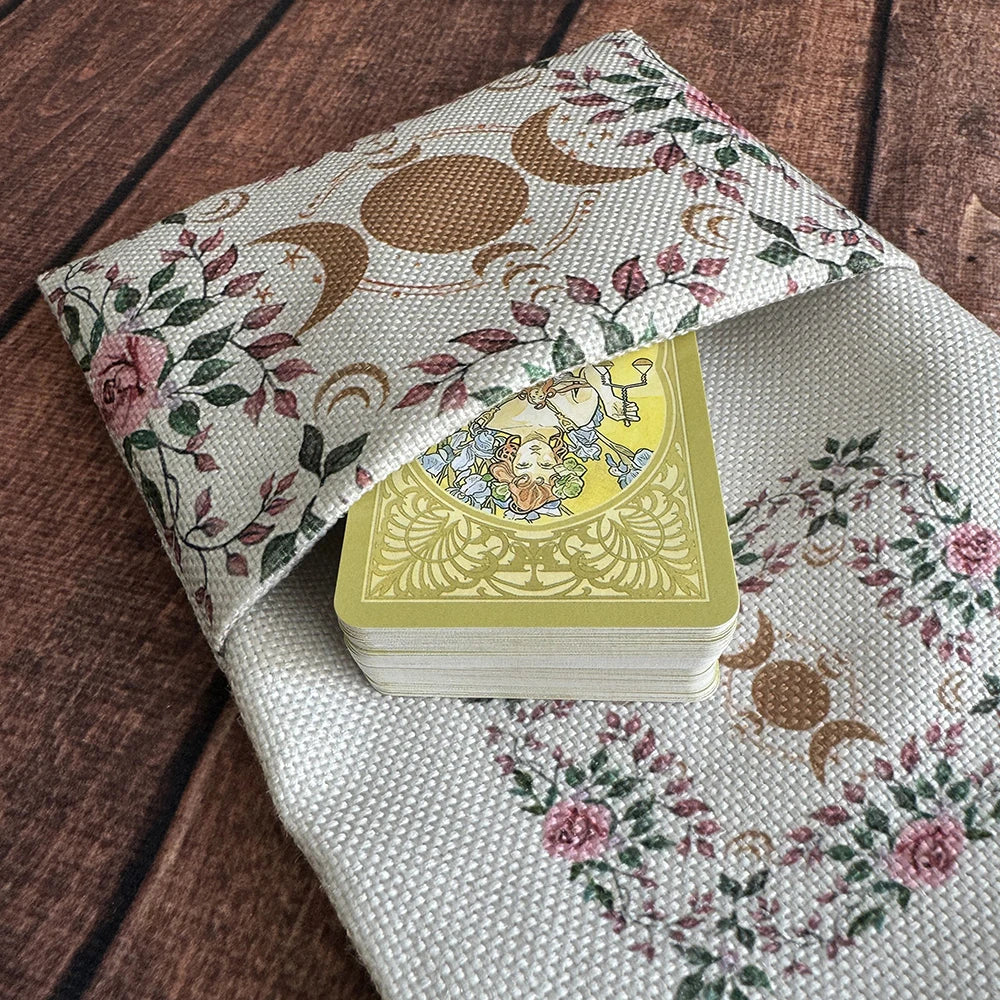 jeu cartes tarot fleurs lunes art nouveau sac rangement cordelette décoration mystique rose