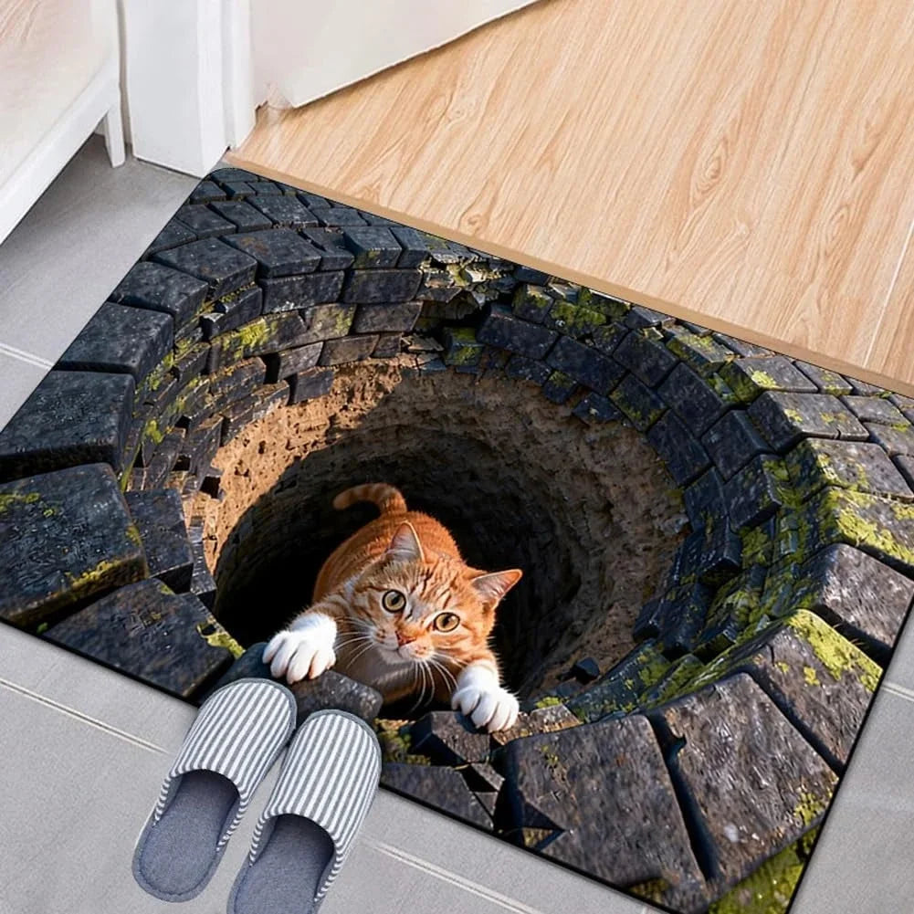 tapis sol 3d chat trou sable poissons koi crocodile piscine vert bleu moderne