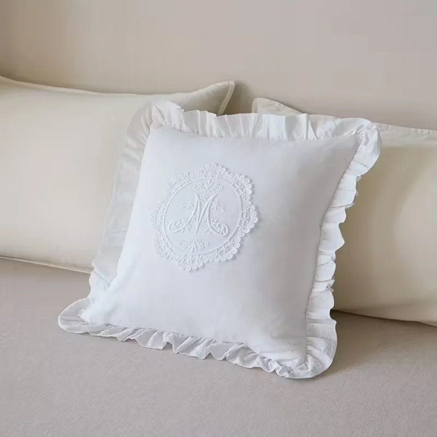 housses coussins brodées motif floral blanc franges romantique shabby chic polyester coton