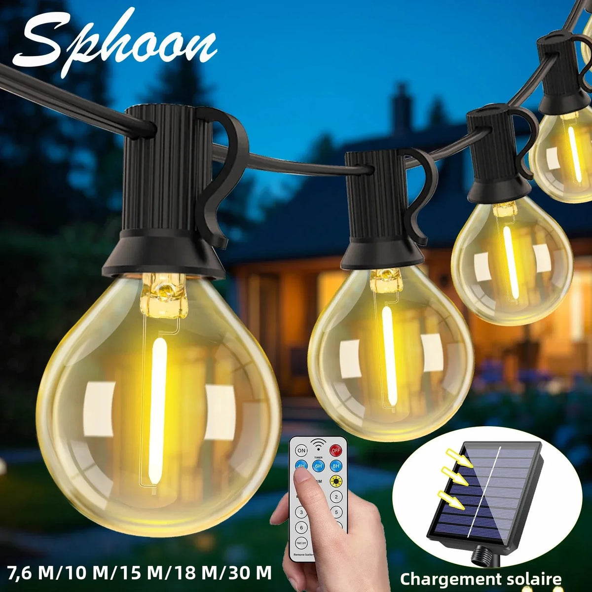 guirlande lumineuse solaire moderne 10m 15bulbes télécommande boules transparentes dorées clips