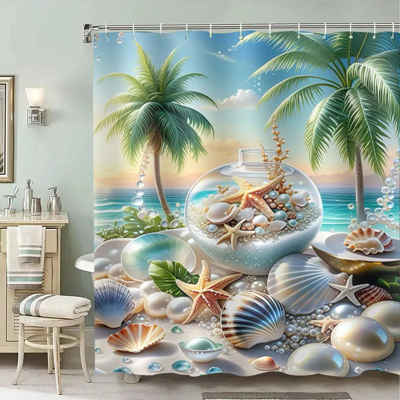 rideau douche plage palmiers coquillages bleu vert moderne opacité anneaux rideau