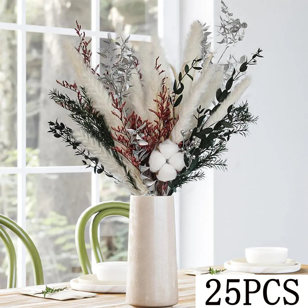 bouquet dried flowers naturel rouges blancs vase beige decoration maison anniversaire fete