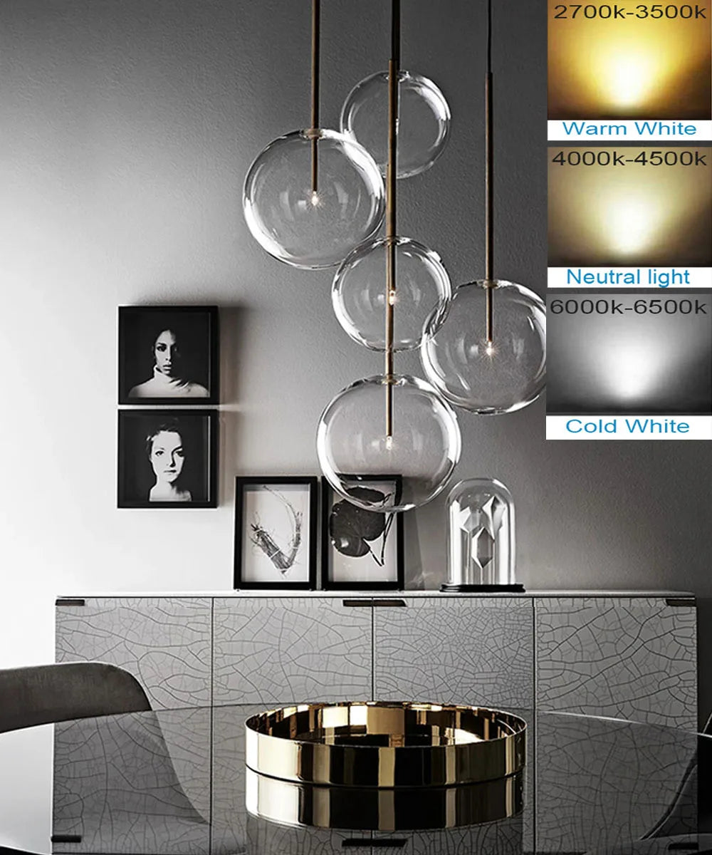 suspension lumineuse moderne transparente sphères led dorées câble suspendu salon loft cuisine minimaliste