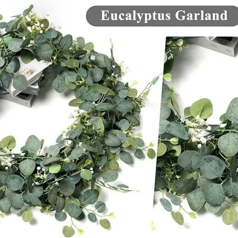 guirlande feuilles eucalyptus vertes fleurs blanches decoration exterieur naturelle rustique 180cm impermeable reutilisable