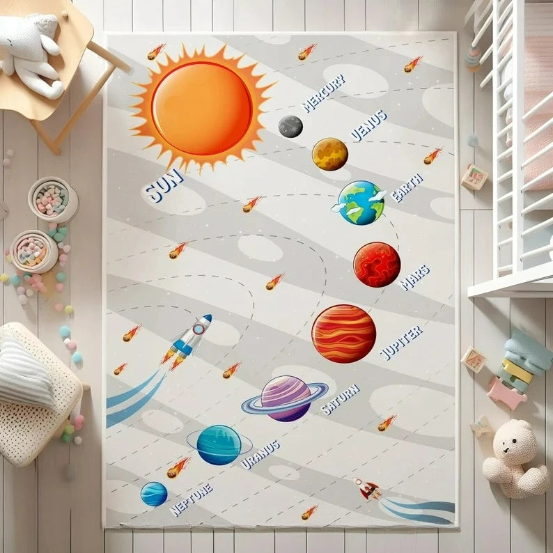 tapis dessin animé planètes astronautes enfants moderne bleu rouge orange chambre salonextérieur commercialisation