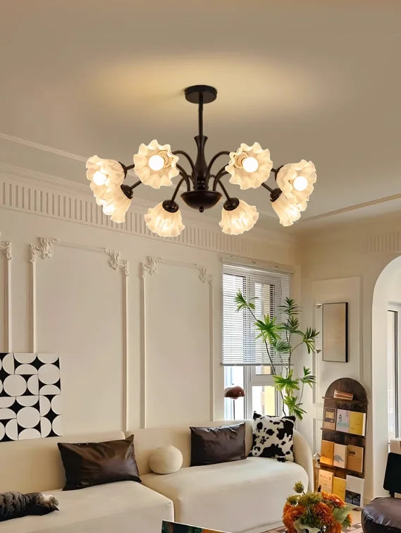 lampe suspension classique fleurs relief marron foncé blanc translucide têtes led 3000k