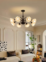 lampe suspension classique fleurs relief marron foncé blanc translucide têtes led 3000k