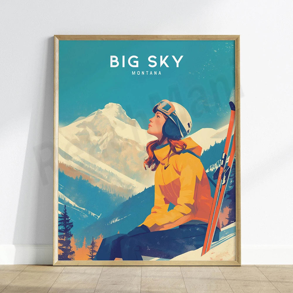 Une femme avec des skis profite de la vue panoramique des montagnes enneigées dans le parc national de Big Sky, dans le Montana.