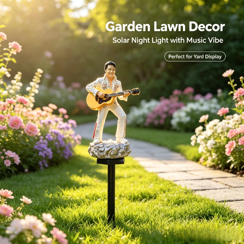 statue solaire jardin elvis blanc doré musique guitare acoustique résine extérieure décoration ornement figuratif