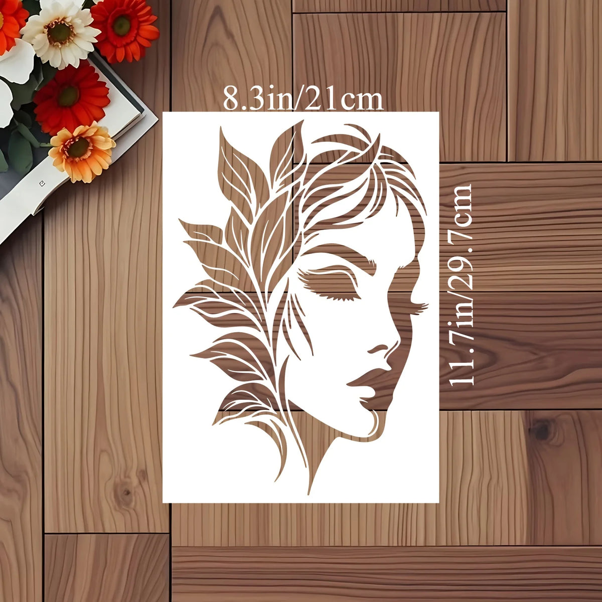 Stencil graphique moderne cadre mural tshirt coussin sac main illustration femme feuilles