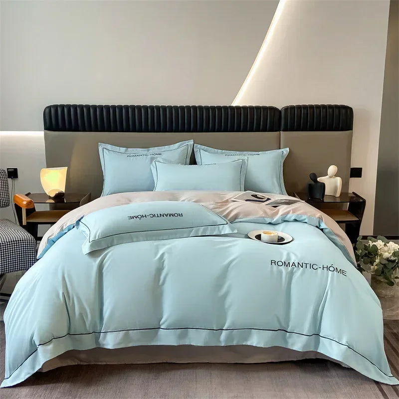 ensemble literie coton uni moderne beige bleu clair orange satiné
