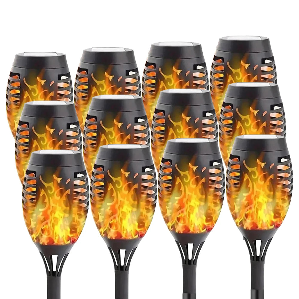 lanterne solaire 12 led flamme noire moderne décoration extérieure jardin patio fixée piquet motifs