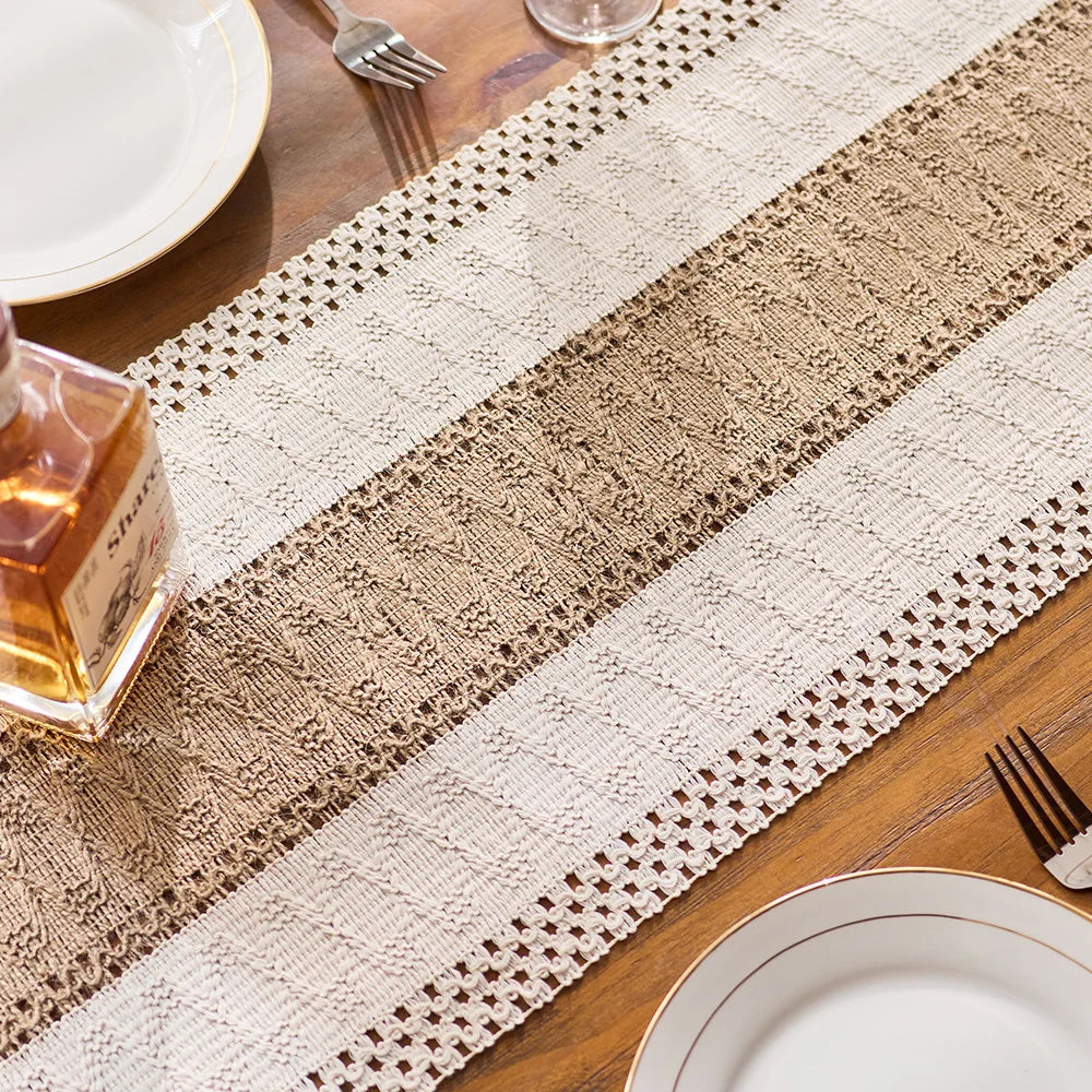 chemin table bohème crocheté géométrique beige rustique tassel intérieur extérieur printemps été