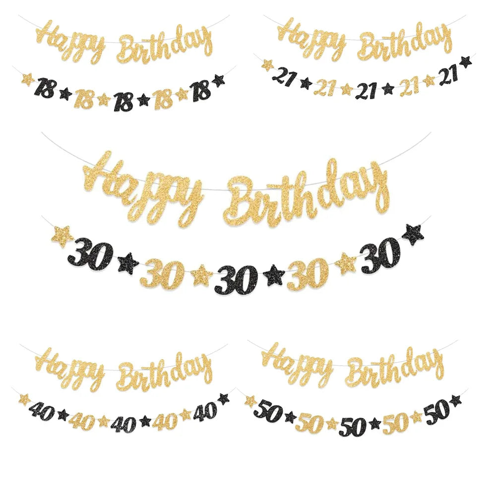 guirlande fête anniversaire or noir lettres étoiles élégante tringle fixée enfants festives