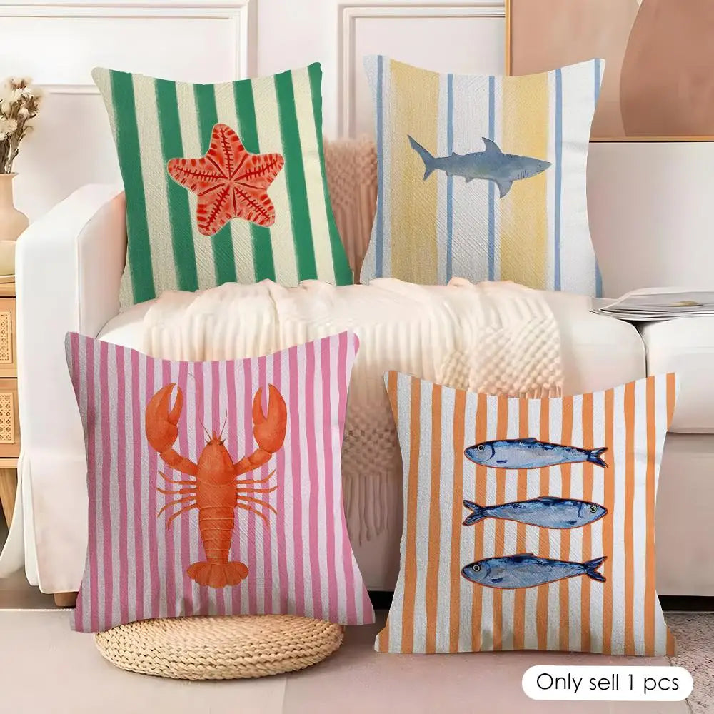 coussin carré jacquard rayures marine poissons crabe octopus multicolore 35cm 45cm 50cm 60cm doux