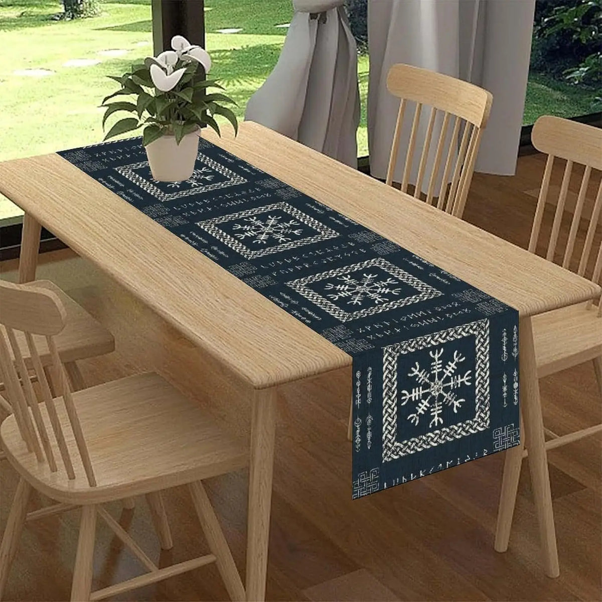 chinois table bleu marine blanc motifs géométriques symboles tissu lin ethnique traditionnel