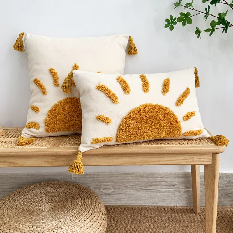 coussin boho chic blanc motif soleil doré adhésif tassel lavable moderne 45x45cm 30x50cm