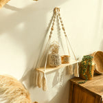 étagère murale suspendue macramé bois bois franges décoration boho chambre salon