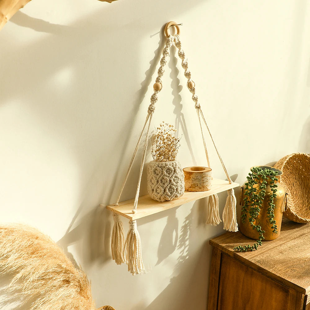 étagère murale suspendue macramé bois bois franges décoration boho chambre salon