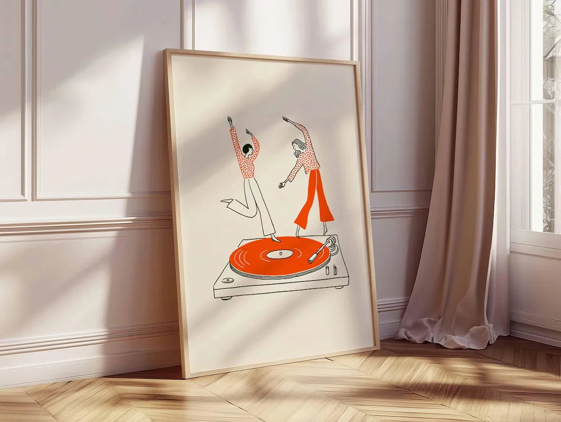affiche moderne couple danse platine vinyle toile encadrée bois beige orange blanc gris marron