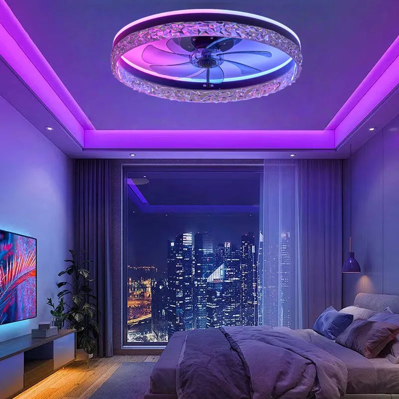 ventilateur led intelligent rvb vitesses ciel étoilé moderne cristal translucent télécommande