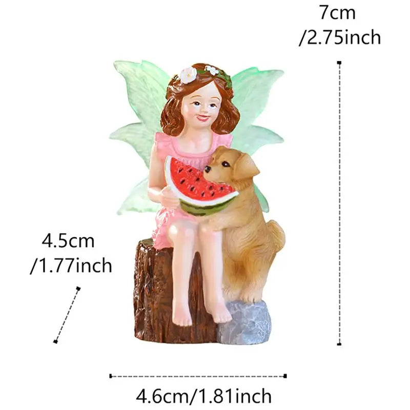 figurine fée jardin miniature chien ailes translucides couleurs pastel couronne fleurs féerique