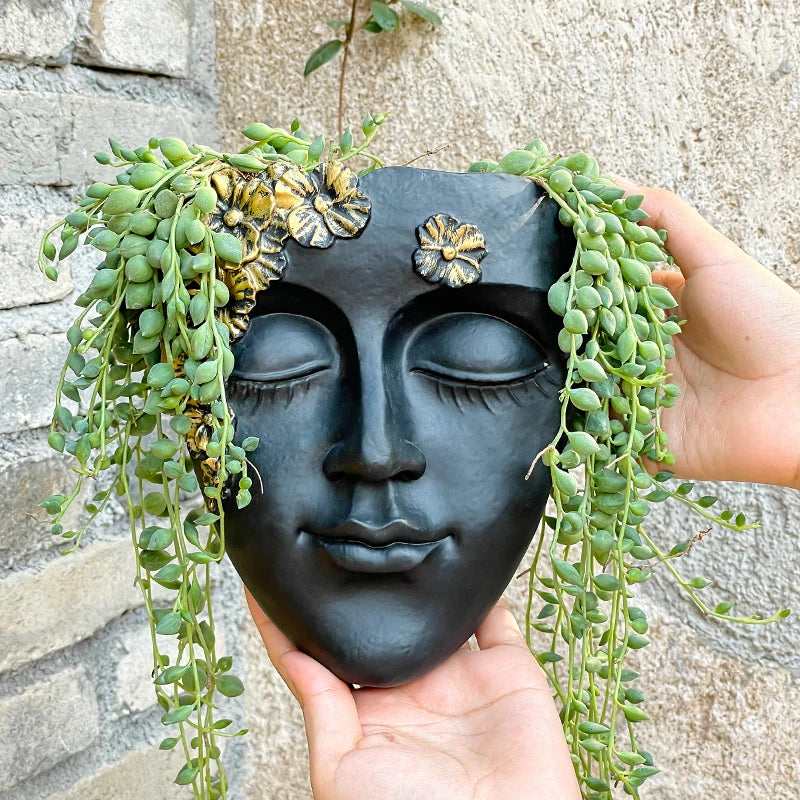 décoration murale résine sculpturale masque noir motif floral doré plante verte fixations