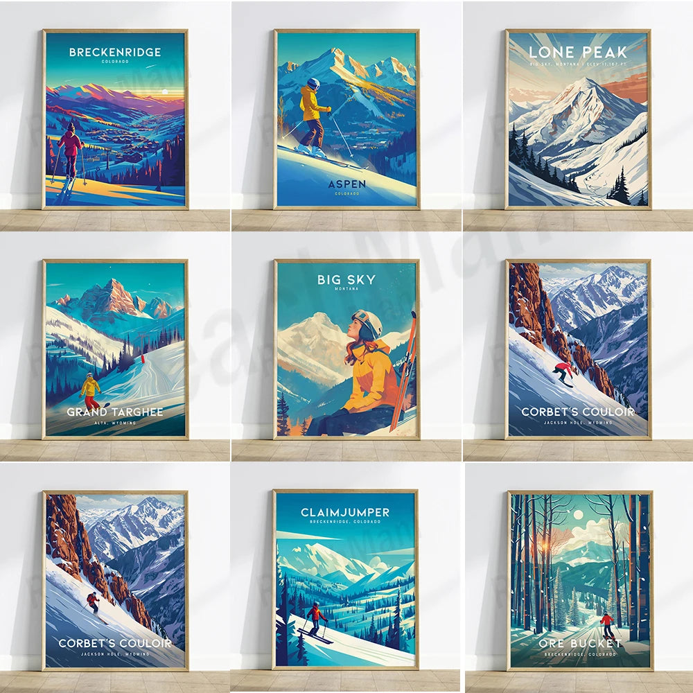 Ces affiches représentent différentes destinations de sports d'hiver dans le Colorado, mettant en valeur les paysages montagneux, les sports d'hiver, et l'ambiance des stations de ski.