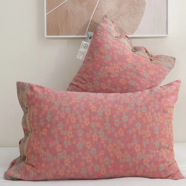 taies d'oreiller coton fleur vintage bleu orange gris décoration lit non toxique écologique