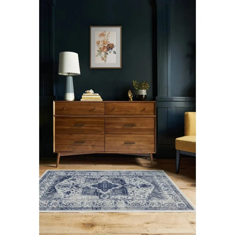 tapis vintage floral bleu blanc classique polypropylène salon chambre extérieur commercialisable machine lavable