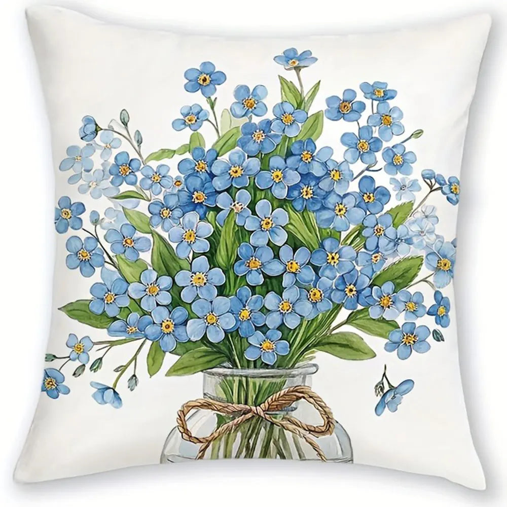 housse coussin polyester motif floral aquarelle blanc bleu lit salon voiture deux coussins différents