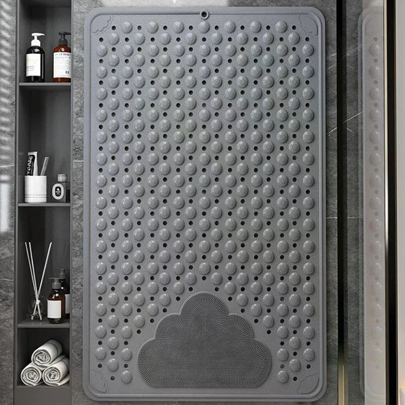 tapis douche bain gris bleu clair texturé cercles reliefs moderne minimaliste