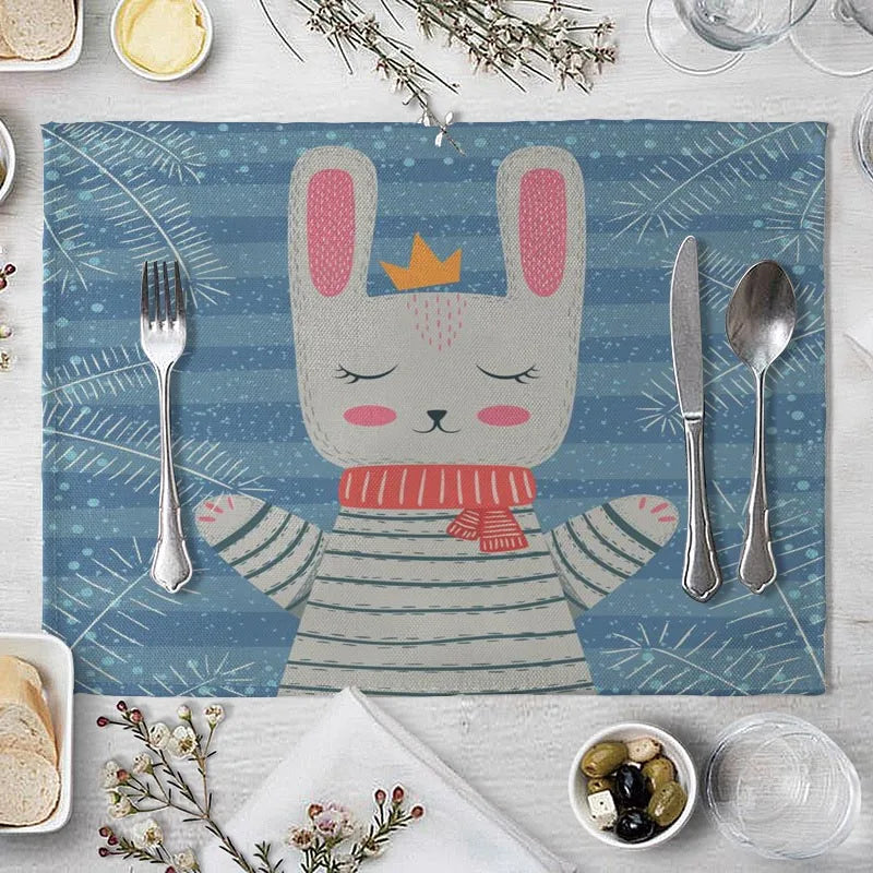 tapis table illustration enfantine dessins animés fourchette couteau cuillère serviette fruits pain bleu marine