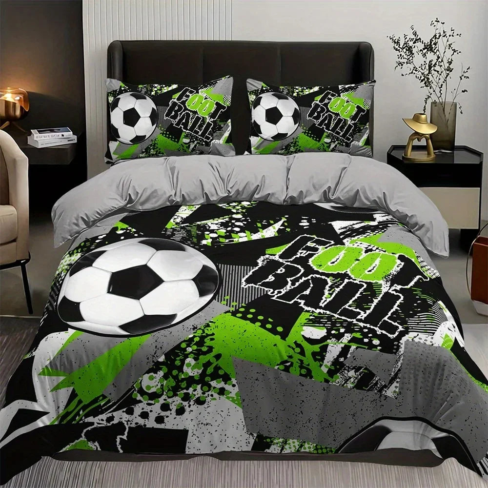 ensemble literie moderne sportif housses football motif vert texte FOOTBALL noir blanc polyester brossé