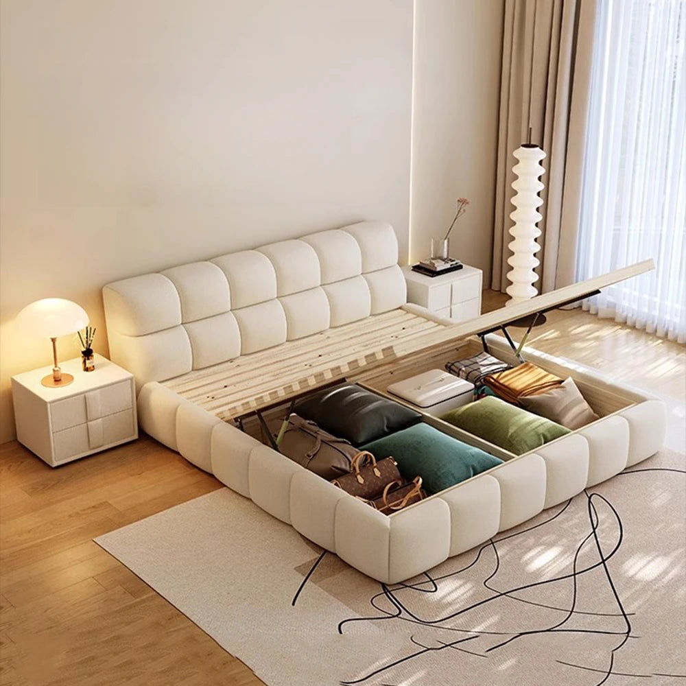 lit moderne minimaliste bois simili cuir beige clair rangement 180x200cm