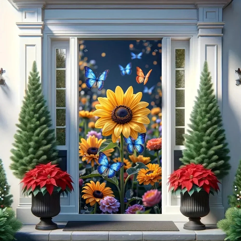 panneau mural décoratif fleurs tournesols papillons bleu nuit adhésif intérieur extérieur festive opaquement