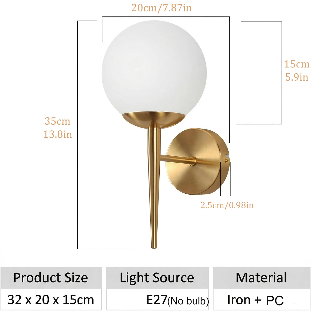 applique murale moderne or brillante boule pvc laiteuse éclairage quotidien entrée chambre minimaliste
