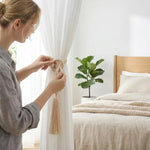 rideau moderne rustique coton anneaux bois pompon frange beigeclair