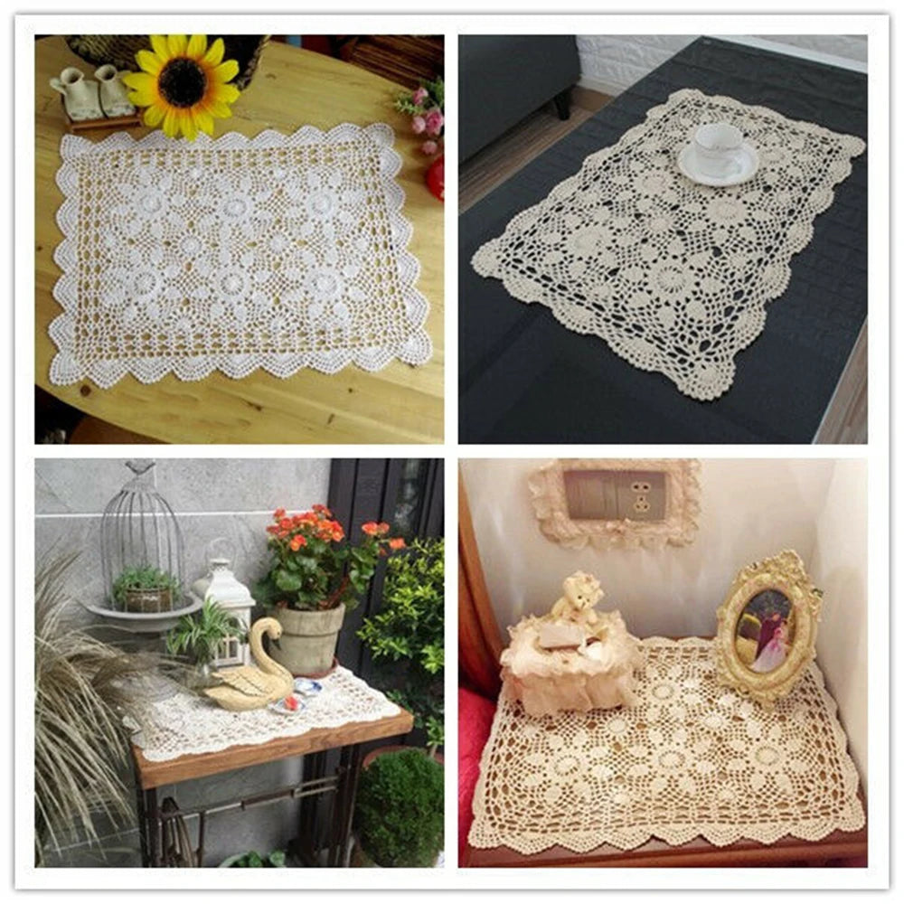 nappe table rectangle dentelle motif floral vintage blanc beigeclair rustic champetre textiles maison