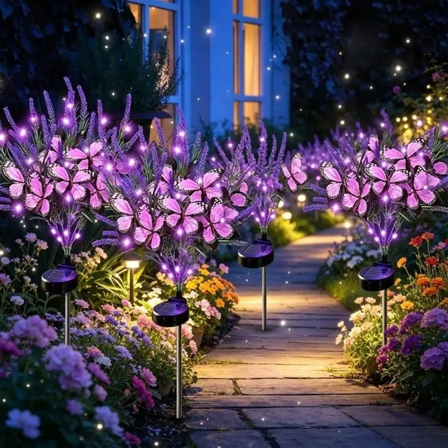 bouquet lumineux violet papillons fleurs moderne extérieur décoration jardin tringle