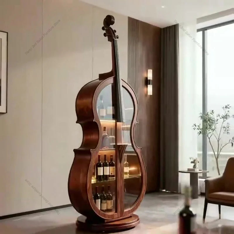 décoration maison meuble bar forme violoncelle contemporain vitres transparentes bouteilles vin bougies vase