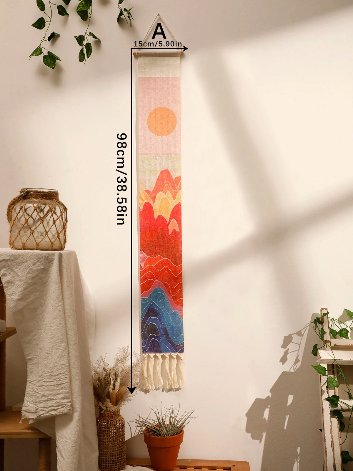 tapisserie murale macramé paysage soleil nuages géométrique bohème moderne salon chambre